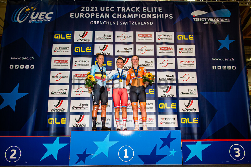 BOSSUYT Shari, KHATUNTSEVA Gulnaz, UNEKEN Lonneke: UEC Track Cycling European Championships – Grenchen 2021 